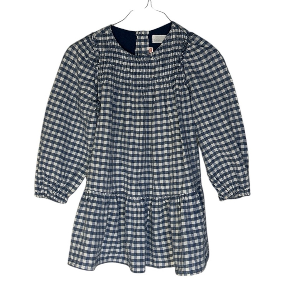 Zara blue and white checked, long sleeve dress size 3-4